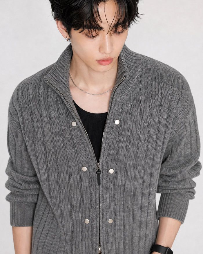 (UNISEX) Rivet Ribbed Knit Zip-Up