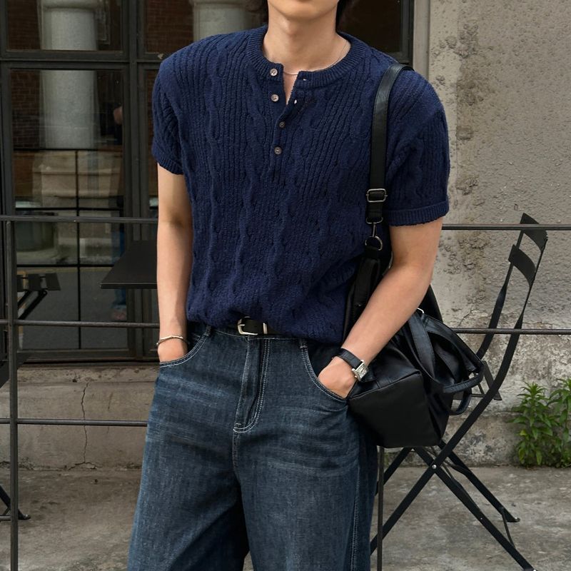 lemenne（ルメンヌ）の「LMN Sensitive Twisted Buckle Henley Neck Short Sleeve Knitwear (5 colors)（Tops）」