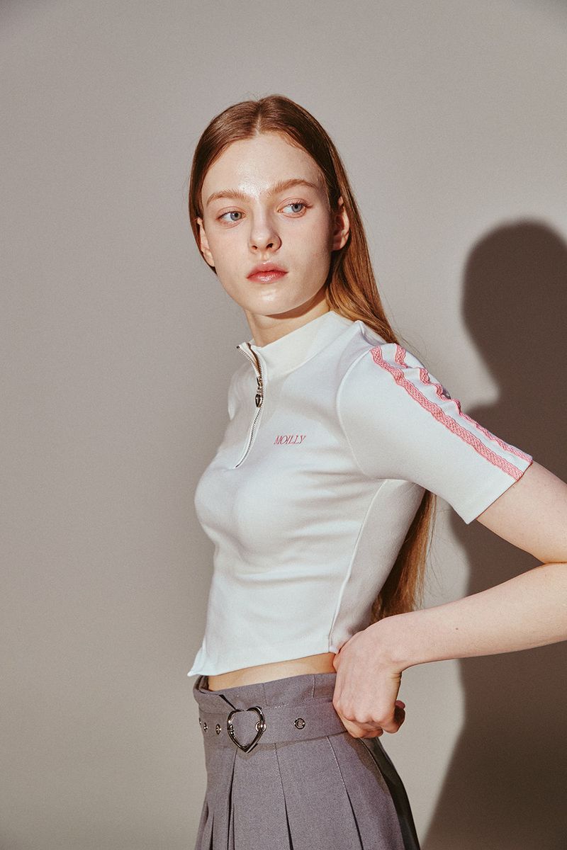Lace Tape Half Zip-Up Ivory
