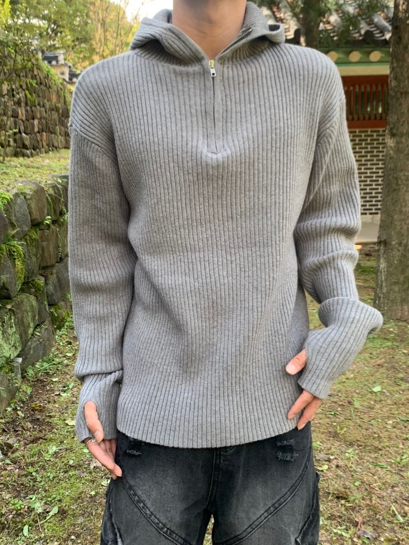 BONGJU（ボンジュ）の「リブフードハードジップアップニット（トップス）」
