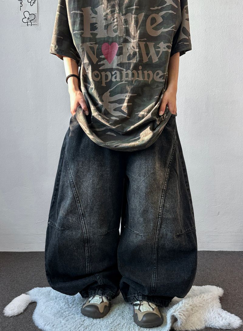 Devil Rivet Elastic Waist Balloon Denim Pants 2color