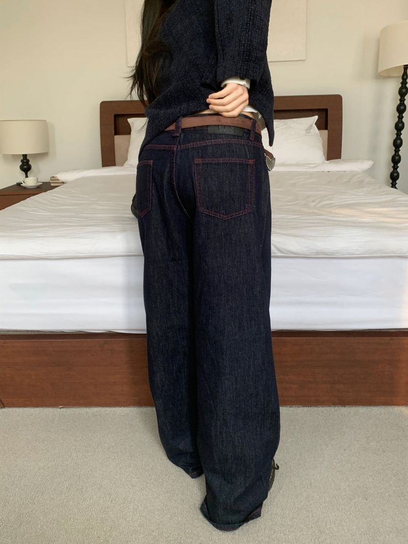 ペニーレッドステッチローワイドデニムパンツ