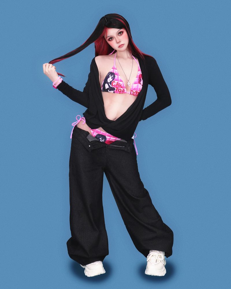 pink stone black denim pants