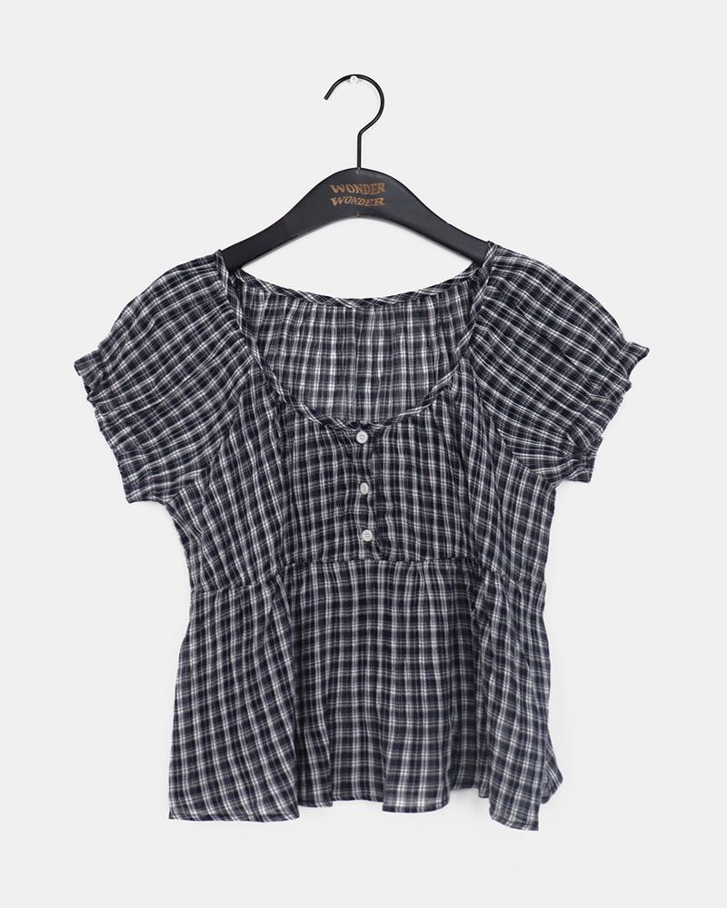 Lizzy Checkered Puff Shirring Blouse