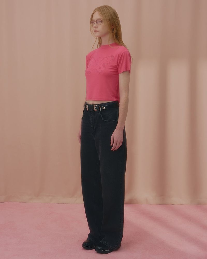 TEXT BUTTERFLY CROP TSHIRT-PINK