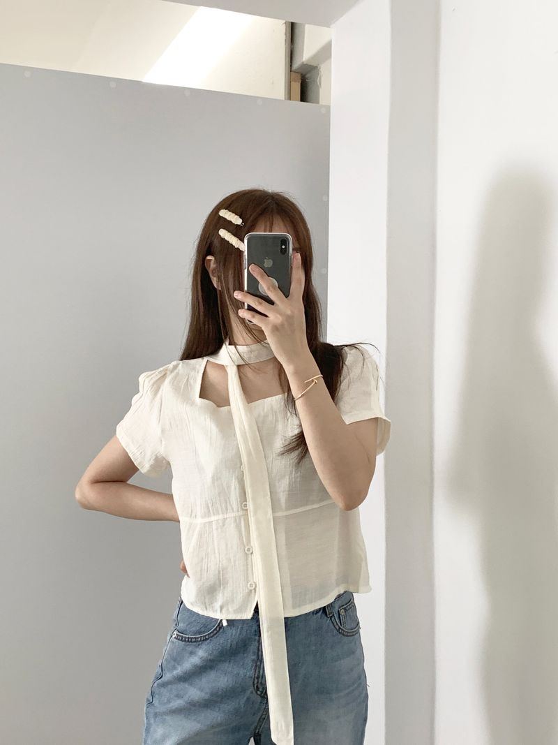 Blian Puff Short Sleeve Blouse Scarf Tie Set