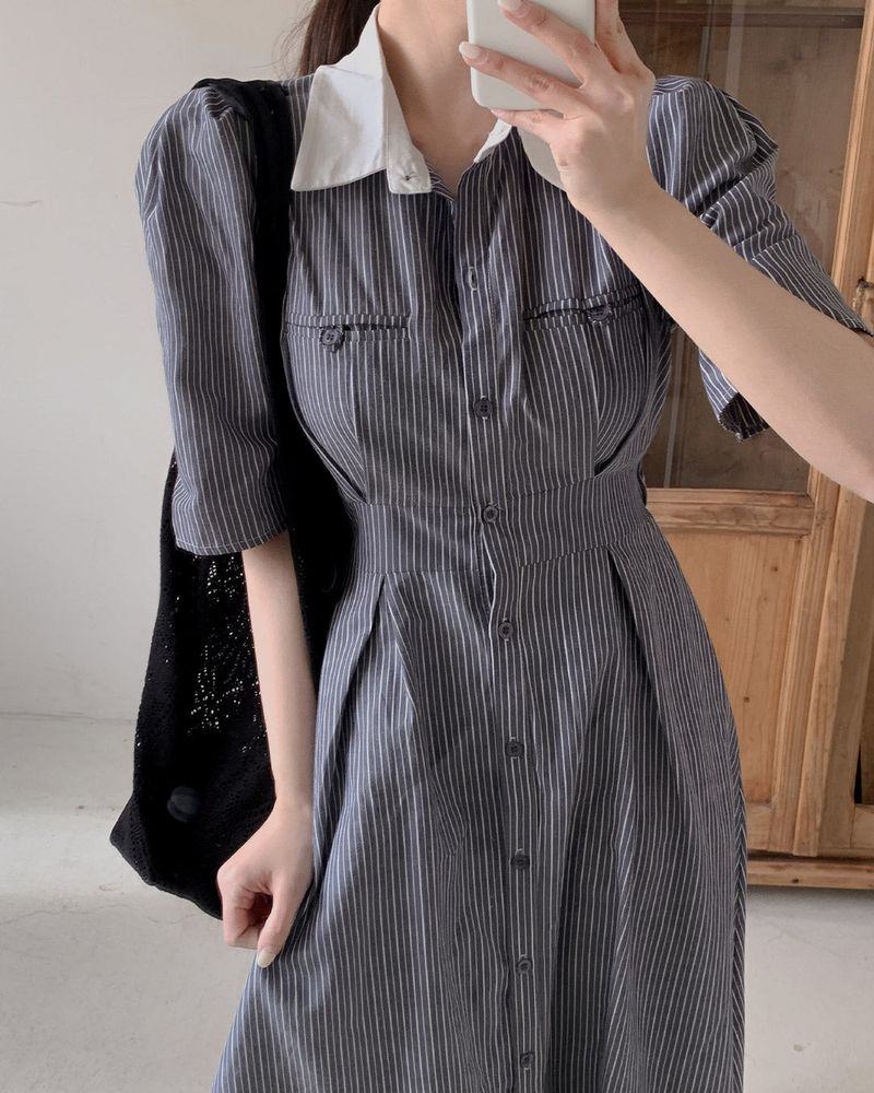 Moon collar striped long dress