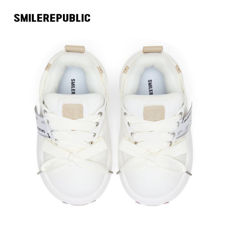 White Twill Low Top Chunky Platform Sneakers with Interchangeable Smile Toe