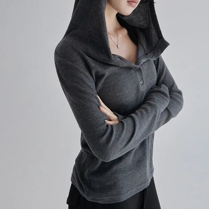 [Pairon]リブヘンリーネックフードTシャツ-3 colors