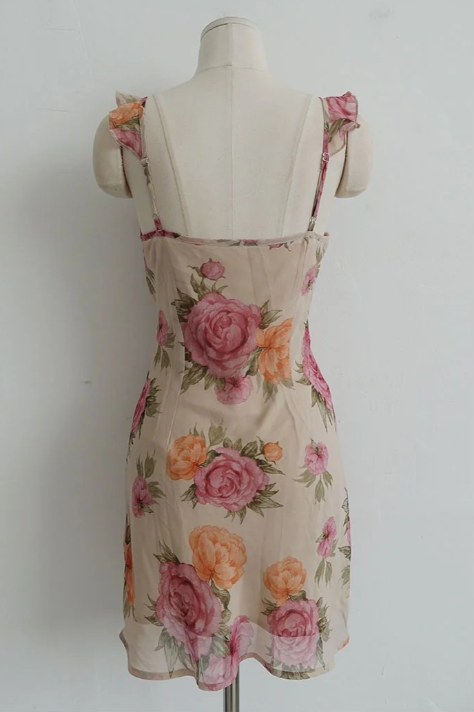 VINTAGE ROSE RUFFLE-STRAP MINI DRESS