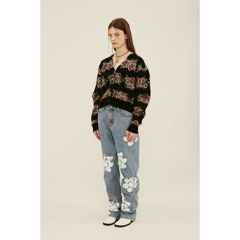 Flower Pattern Crop Cardigan_Black