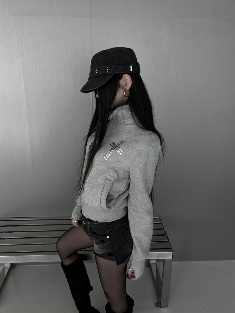 cross stud diagonal warmer zip-up (fleece-lined / 2color)