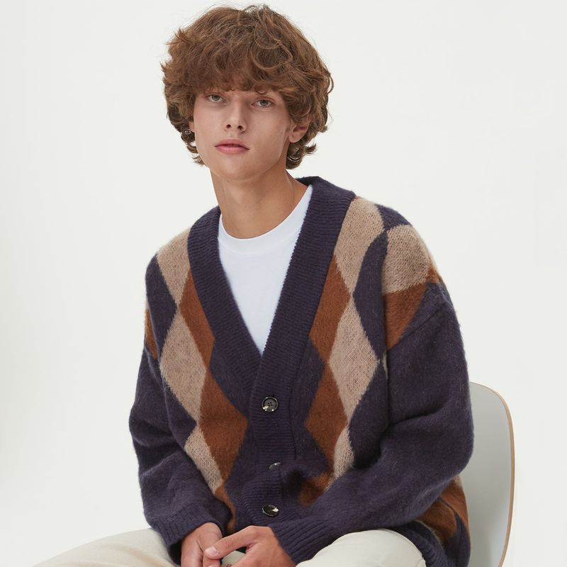 BRUSHED ARGYLE KNIT CARDIGAN_NAVY