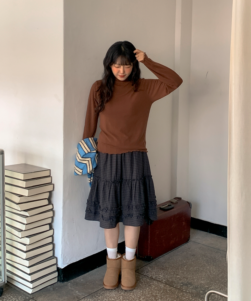Luen midi checkered skirt Fall layered frill soft fit