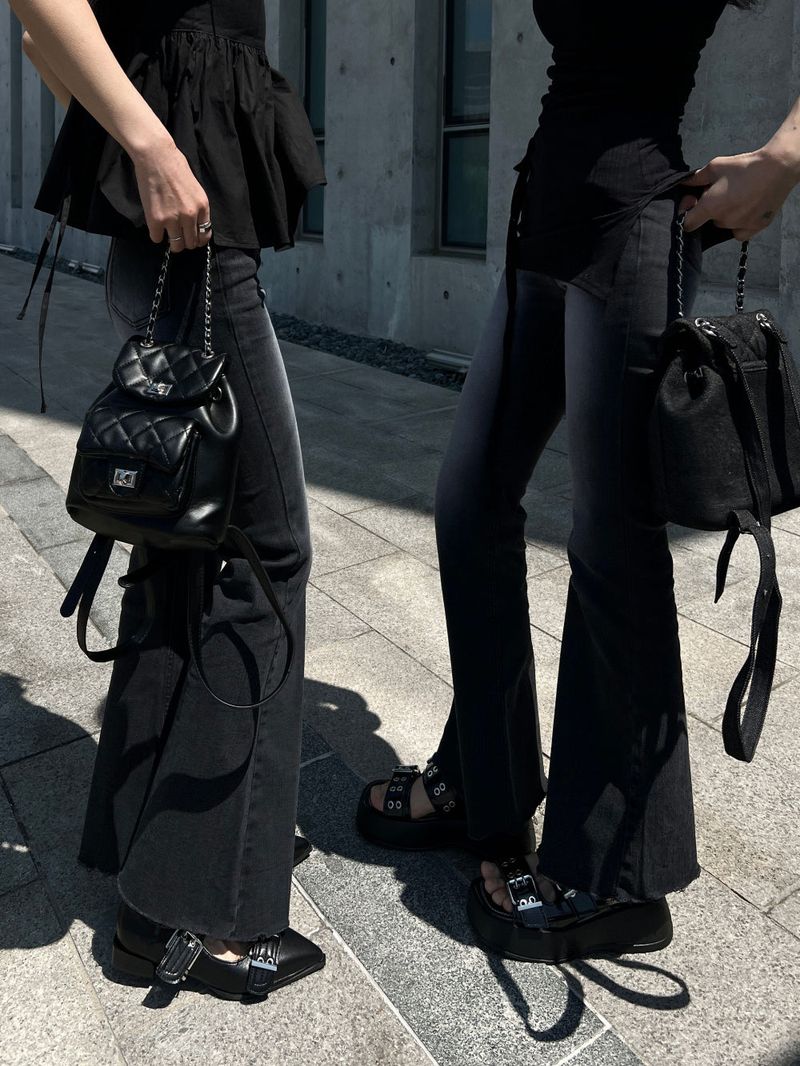 Gradient Washed High Waist Span Long Bootcut Denim Pants (Black)