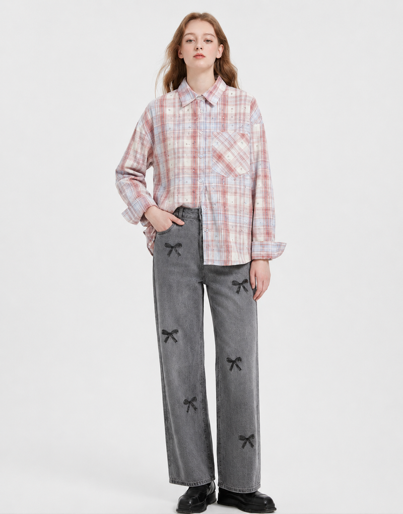[PRE-FALL] Bella Ribbon Printed Straight Wide Grey Denim