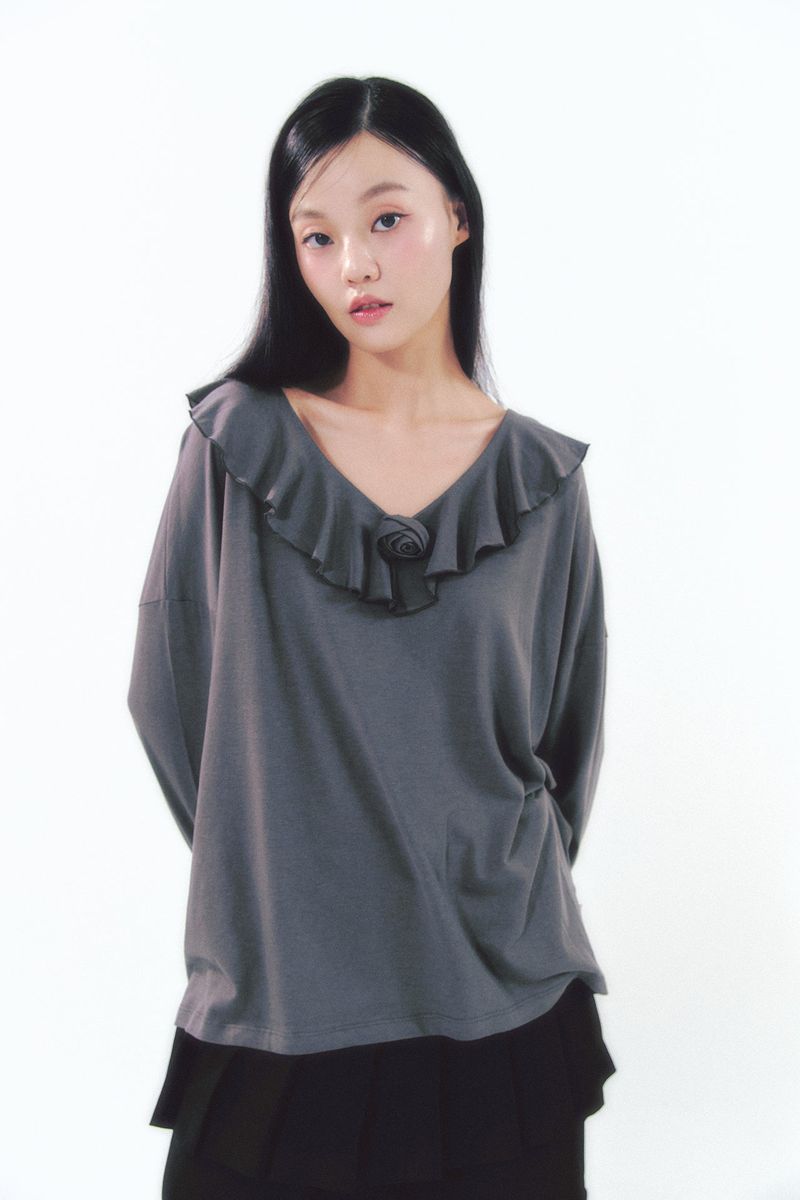 Rose Brooch Frill Long Sleeve Charcoal