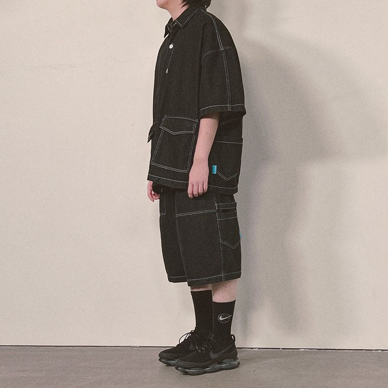 denim stitch shorts_black