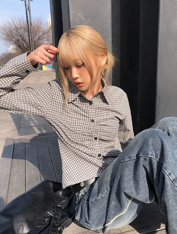Onser Check Shirring Collar Slim Shirt