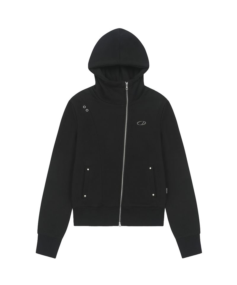 Diagonal Cut Eyelet Hoodie Zip-up - BLACK