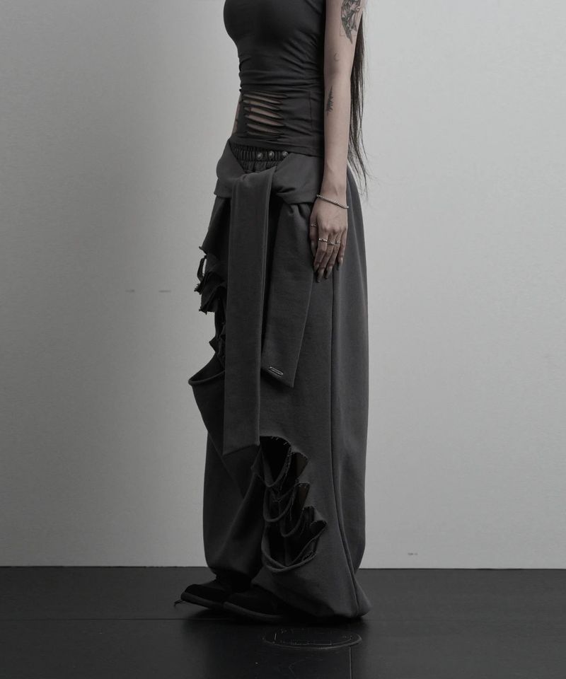 [label] layered tie damage wide pants (charcoal)