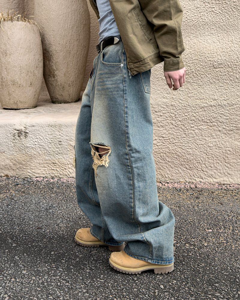 Roy Distressed Wide Denim Pants