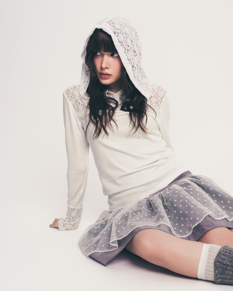 button lace hoodie top long ver. / white