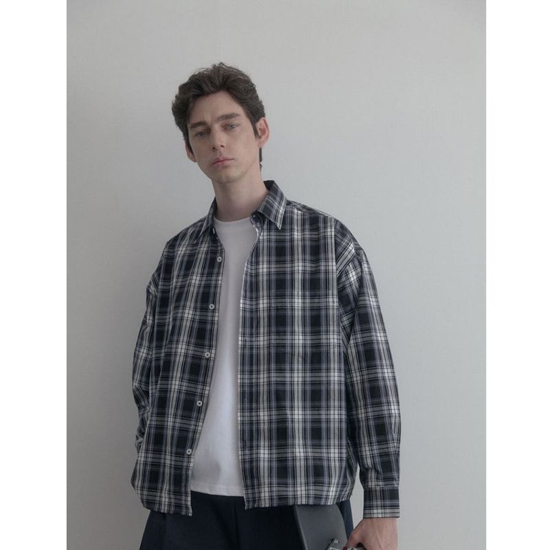 Vintage Washing gray blue check shirts