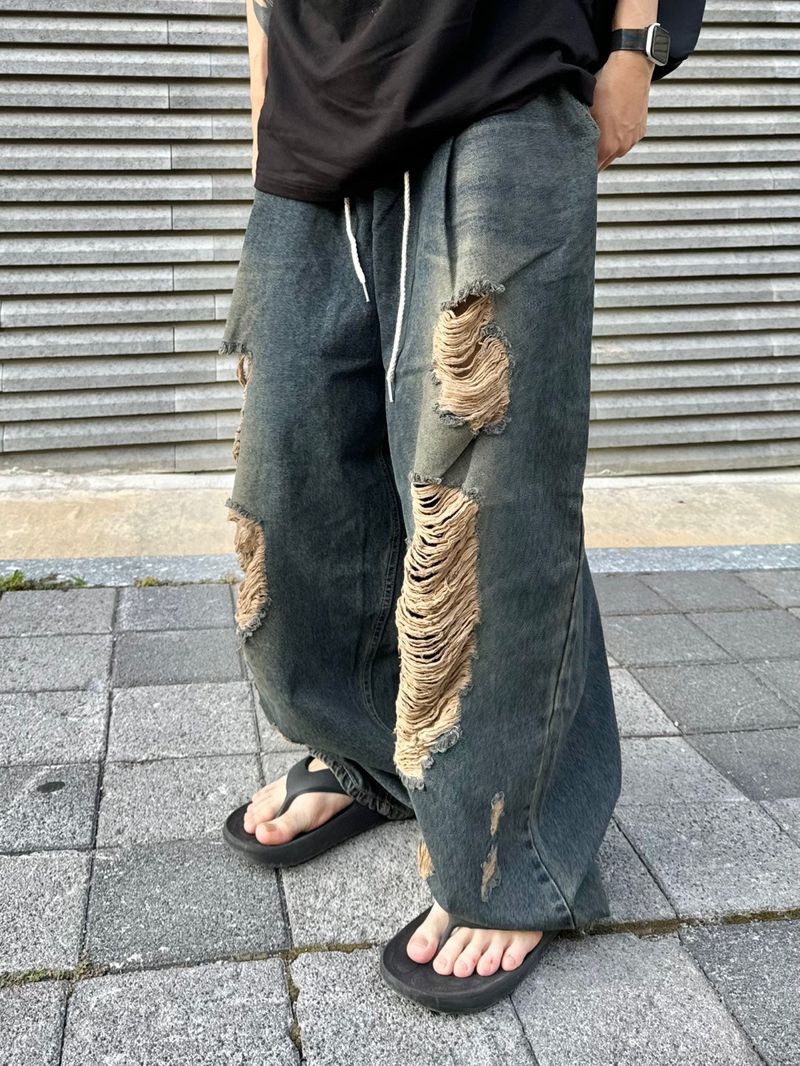 Western Vintage Destroyed Denim Balloon Pants