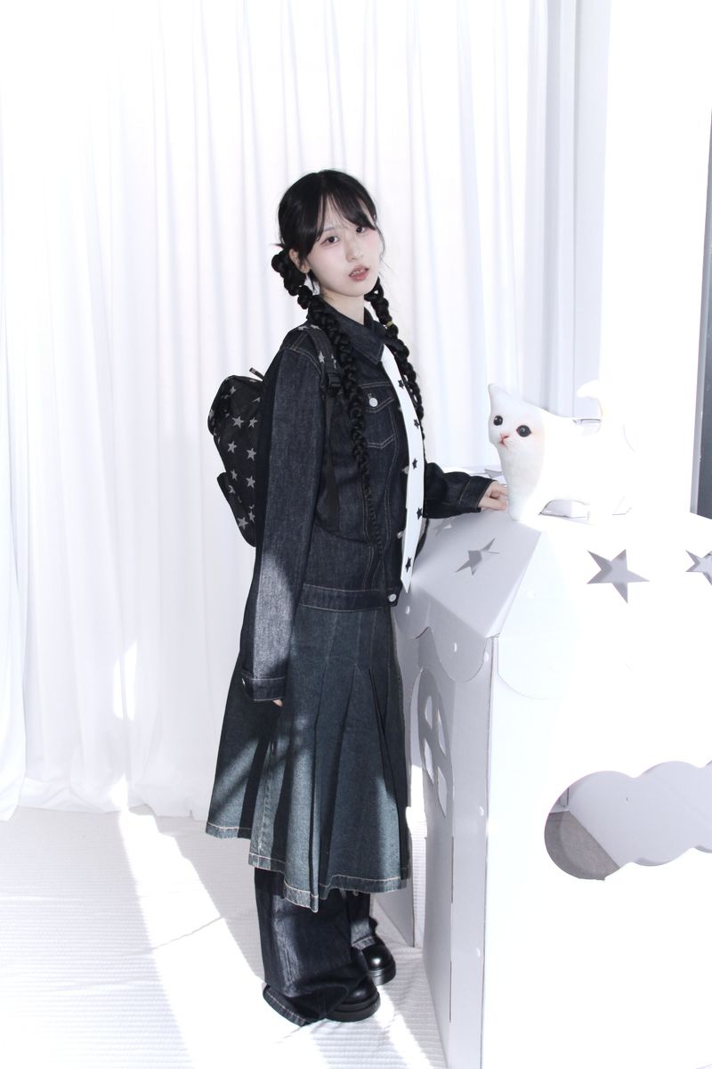 star pattern denim pocket backpack
