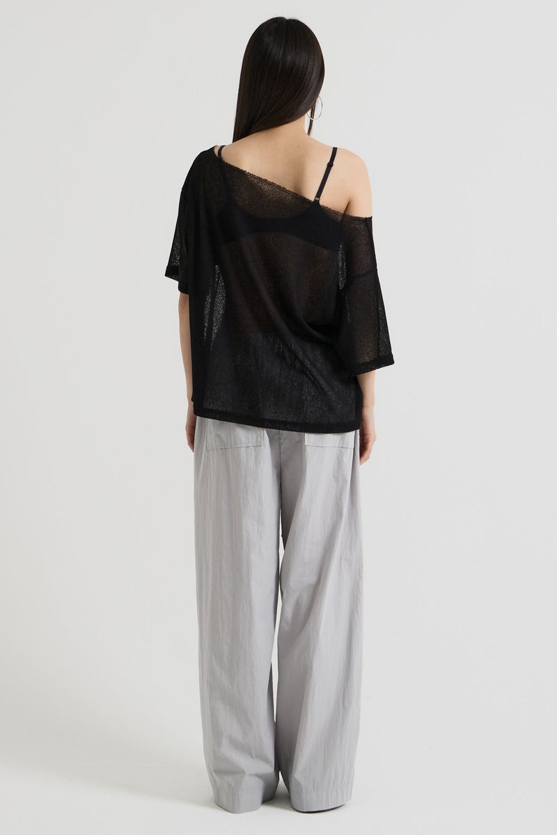 Knit one-shoulder t-shirt, Black