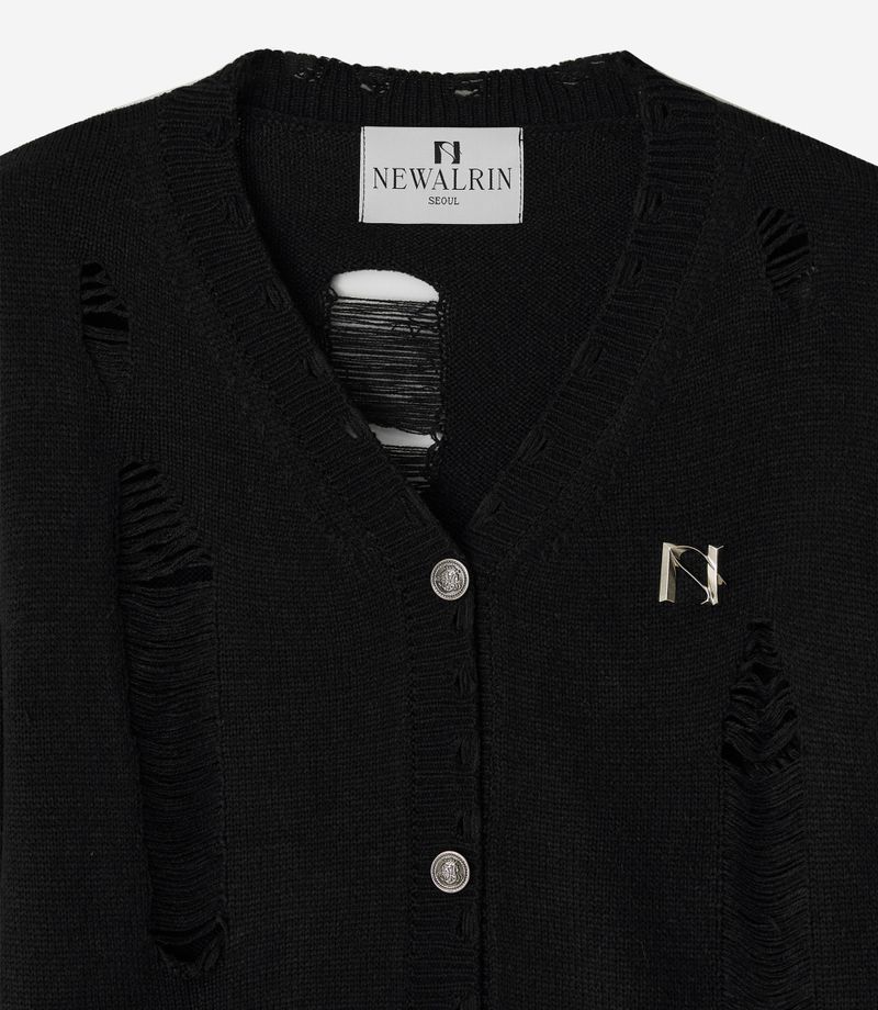 Bloom emblem demage Knit Cardigan