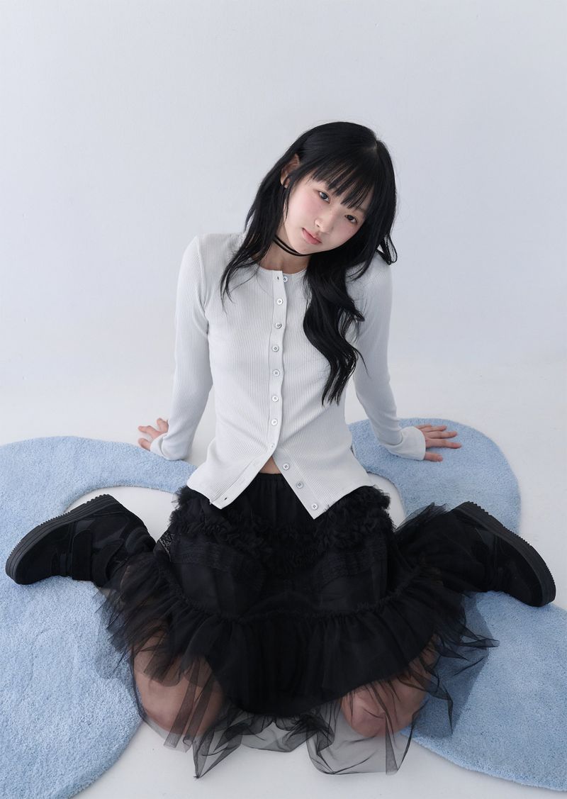 TULLE FRILL MIDI SKIRT BLACK