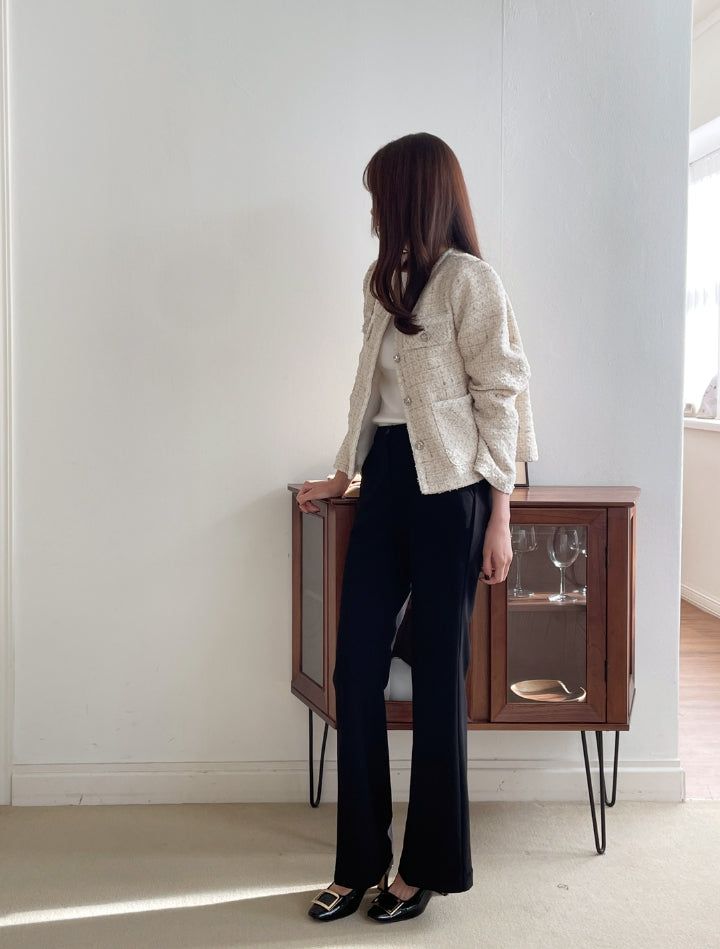 Lock color matching round pearl tweed jacket