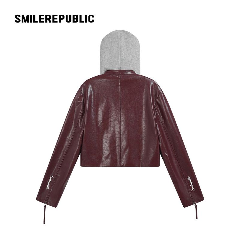 Unisex PU-Coated Faux Leather Cropped Hooded Zip Jacket