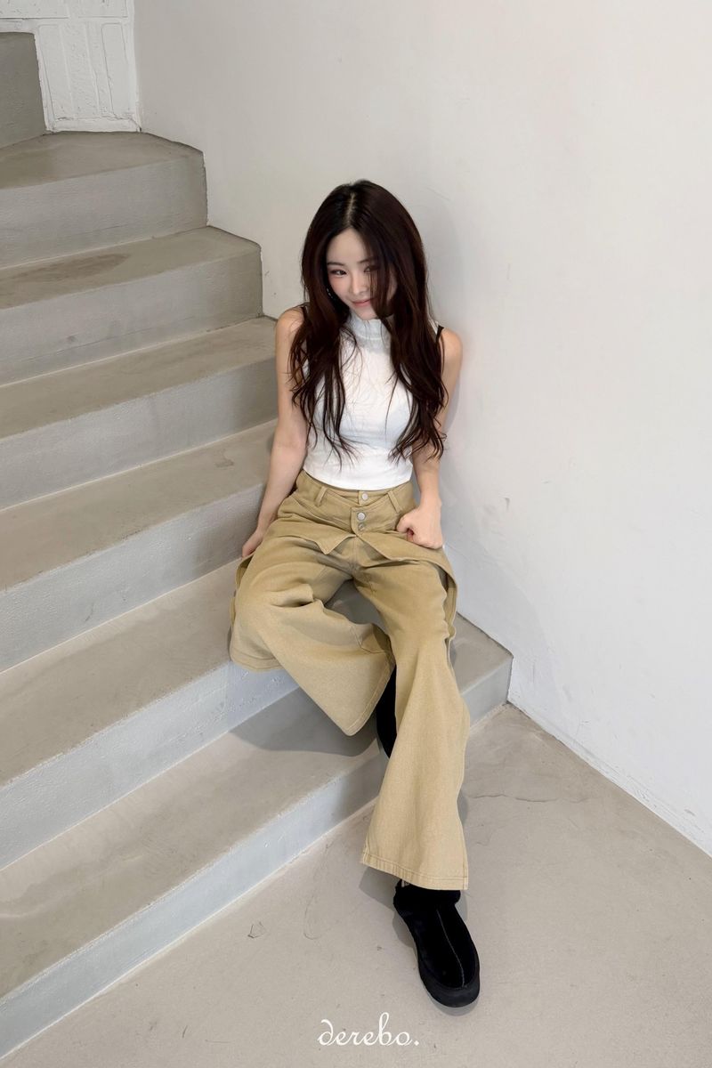 Layered cotton wide casual pants