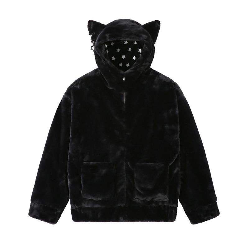 Cat Ear Fur jacket -  BLACK