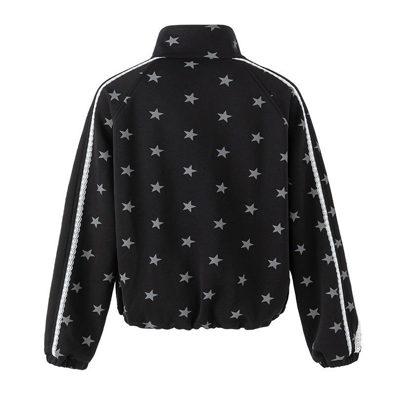 Kitsch Star Print Lace Trim Oversized Zip-Up Top
