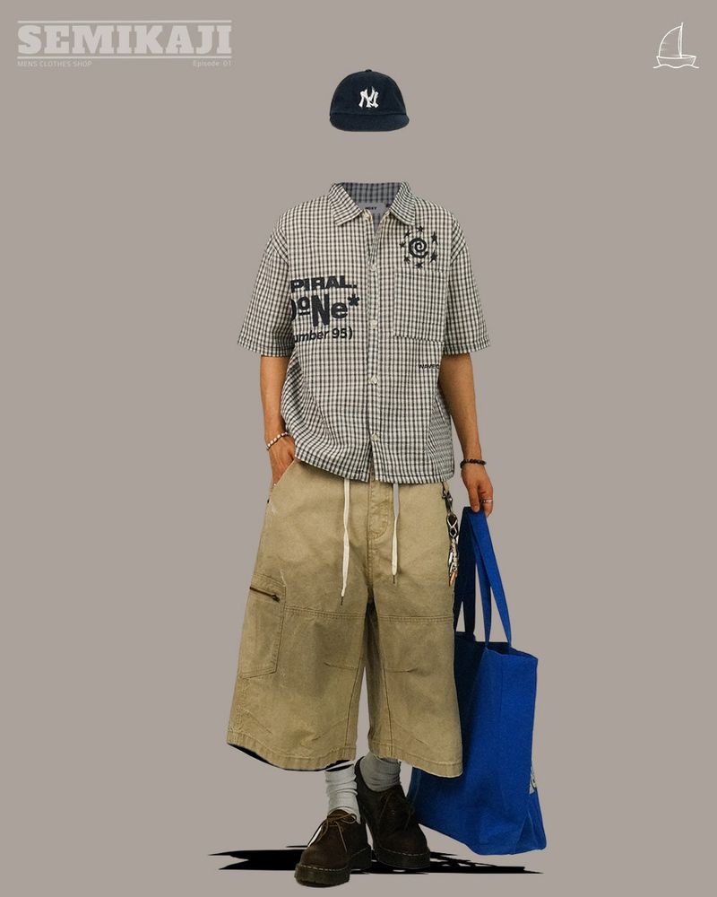 EVウェーブチェックハーフシャツ