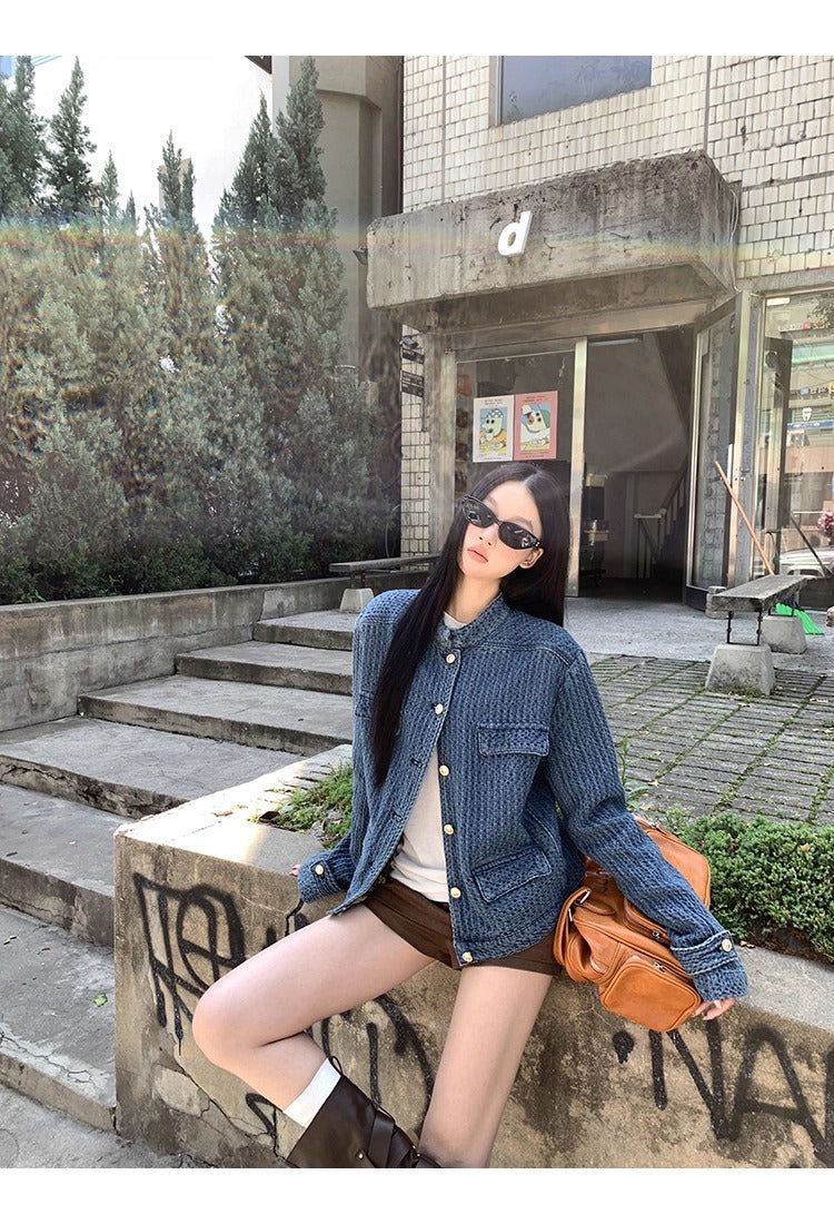 Blue casual gold button denim jacket