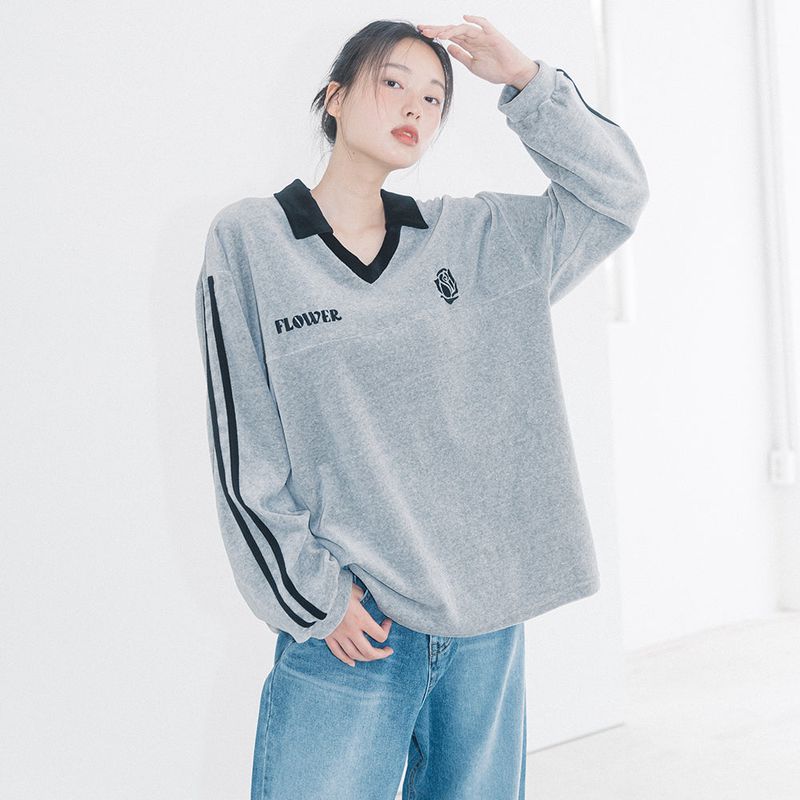 HAVISM（ハヴィズム）の「OVERSIZE VELOUR V-NECK L/S TEE(GREY)（Tops）」