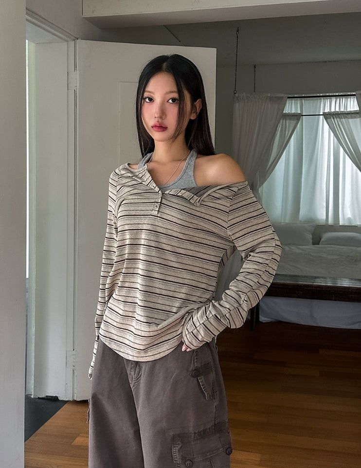 ULAN(ユレン)の「Dien Button Stripe Boat Neck Long Sleeve(Tops)」