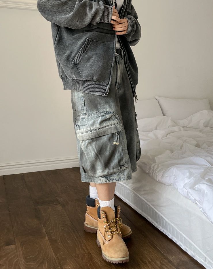 Burn dirty washing utility pocket bermuda pants