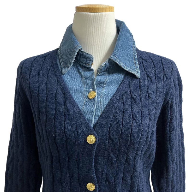 Perry Denim-Layer Cable Knit Long Sleeve Cardigan