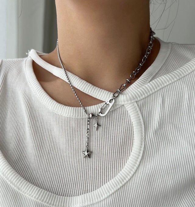 styy hip double star y2k vertical star carabiner two-way bold necklace