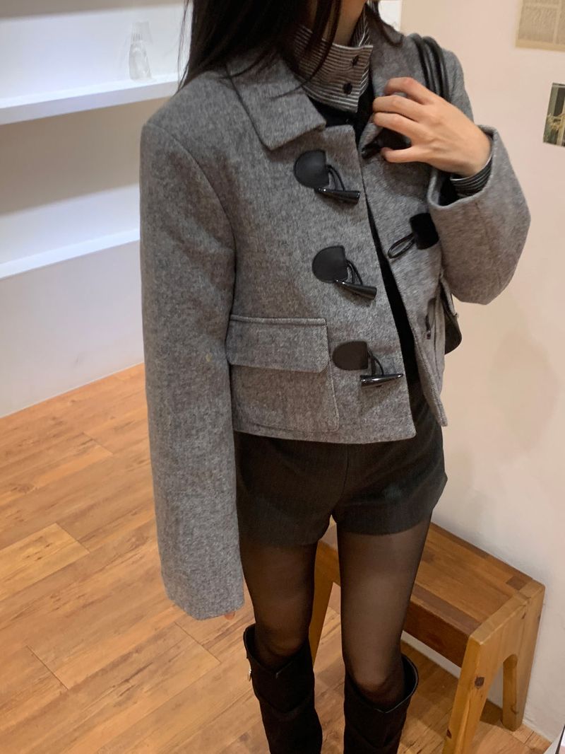British Gray Duffel Button Quilted Crop Coat