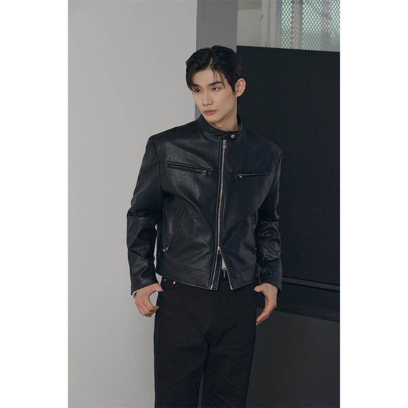 Essential cracked leather biker jacket(Black)