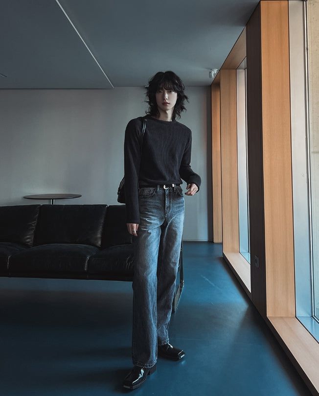 フィットリブマッスルラグランブラッシュドロングスリーブTシャツ