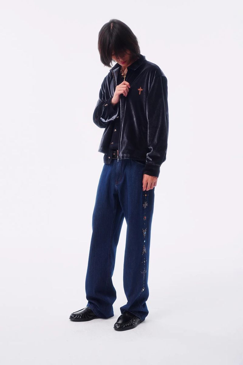 TOTEM RIVET FLOCKED DENIM PATCH STRAIGHT TAILORED JEANS