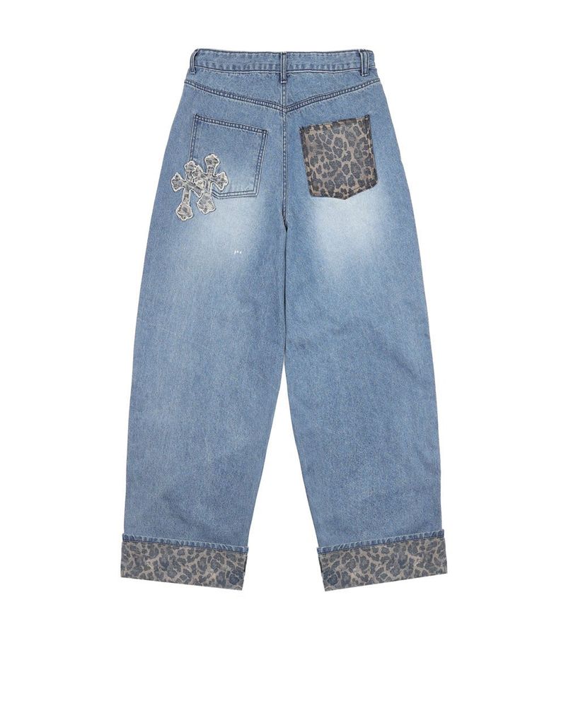 Leopard Cross Patch Roll-Up Denim Pants - Deep Blue